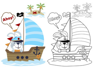 Wall Mural - Funny sailor cartoon on sailboat, coloring book or page