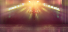 Wooden Cross On Stage With Light Rays In Blurred Bokeh Background, Christian Worship In Church