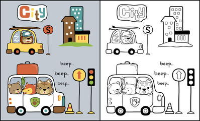 Poster - Animals cartoon on car in city traffic, coloring book or page