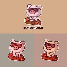 Set Of Cute Pig Steak Mascot Logo With Optional Apprearance. Premium Kawaii Vector