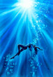 Watercolor Painting - Freediving and Beautiful Light in Blue Ocean