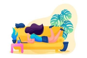 Wall Mural - remote work, the girl works as a freelancer. work at home. flat 2d character. concept for web design