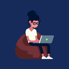 Young adult person sitting on bean bag working on laptop computer. Flat style vector illustration on cheerful genderqueer character uses mobile device in the dark