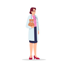 Poster - Baby doctor semi flat RGB color vector illustration. Children care doctor. Medical personnel. Young caucasian woman working as pediatrician isolated cartoon character on white background