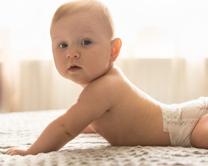 Cute baby 6 months in diapers lying on his stomach on the bed. Looking into camera