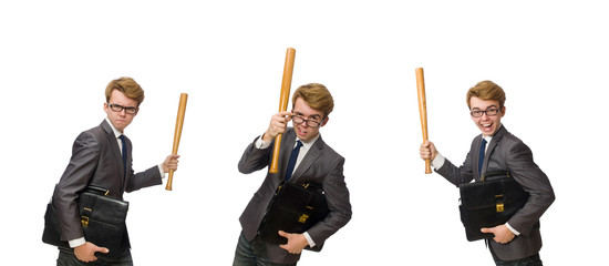 Wall Mural - Young businessman with baseball bat isolated on white