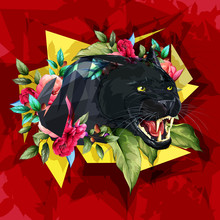 Illustration Of Black Panther With Flowers And Leaf Around On Red And Yellow Background. Isolated Artwork For Print And Other Desing Purpose. Vintage Style, Hand Drawn. Vector- Stock.