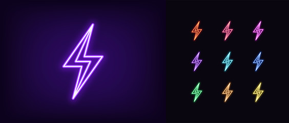 Wall Mural - Neon lightning flash icon. Glowing neon thunder bolt sign, electrical discharge