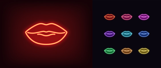 Wall Mural - Red neon lips icon. Glowing neon woman lips sign, passionate kiss