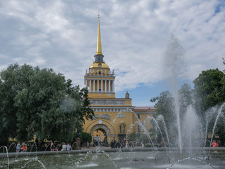 22 of July 2020 - St.Petersburg, Russia: The admiralty building and the fountain near it in St. Petersburg, Russia