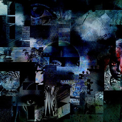 Canvas Print - complex surreal painting. god's eye, pieces of puzzle, square elements, text. man on a road to heave