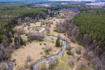 Wall Mural - Drone shot flying on spring river in forest