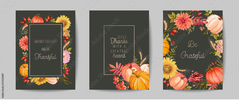 Set of Thanksgiving Day greeting, invitation card, flyer, banner, poster template. Autumn pumpkin, flower, leaves, floral design elements. Vector illustration - obrazy, fototapety, plakaty 