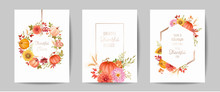 Set Of Thanksgiving Day Greeting, Invitation Card, Flyer, Banner, Poster Template. Autumn Pumpkin, Flower, Leaves, Floral Design Elements. Vector Illustration