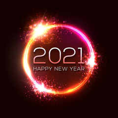 Wall Mural - Happy New Year 2021 circle neon sign on dark red celebration background. Holiday greeting card design with glowing text stars. Dark night club party style. Light tube decoration vector illustration.