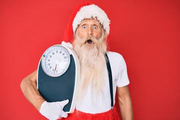 Wall Mural - Old senior man on diet wearing traditional santa claus costume scared and amazed with open mouth for surprise, disbelief face