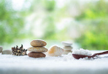 Sea Spa Set Aroma Therapy Concept. Pebbles, Salt Spa, Sea Shell On White Towel With Copy Space Is Green Blur Background. For Spa Resort Or Aromatherapy In Luxury Hotel.