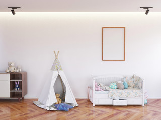 Interior Kids Bedroom Frame Photo Mockup. 3D Rendering, 3D Illustration.