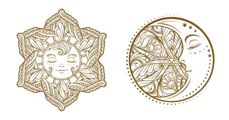 Sticker - Ethnic sun and moon symbols. Temporary tattoo set.