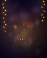 Wall Mural - background with bright bokeh lights and hanging glowing garlands. vector illustration