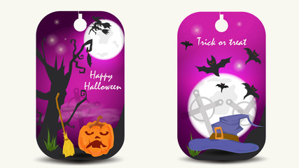 two banners stickers for decoration design on the theme of the holiday all saints eve Halloween pumpkin with a broom and a witch hat flat vector illustration