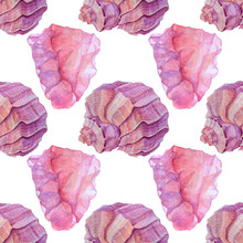 Seamless Pattern Watercolor Hand-drawn Pink And Brown Sea Shell And Mineral Rose Quartz On White. A Precious Stone. Art Creative Nature Background For Sticker, Card, Wallpaper, Textile, Wrapping
