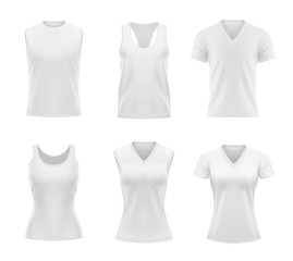Wall Mural - White sports tshirts for men and women vector mockup. Isolated t shirts, singlets with short sleeves, round and triangle neck front view template. Blank apparel design, sportswear realistic 3d mock up