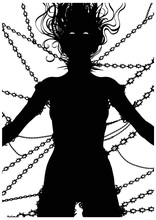 Silhouette Of An Exhausted Woman Chained In Chains And Thorns, Beggingly Looking Up Into The Heavens. 2D Illustration.