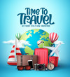 Time to travel the world vector design. Travel and explore the world in different countries and destinations with traveling elements like bags and transportation in blue background. Vector 