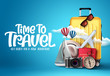 Time to travel vector design. Time to travel text in empty space with traveling elements like luggage, bags, passport, camera and compass in blue background. Vector illustration.
