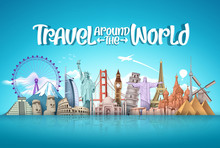 Travel Around The World Vector Landmark Design. Famous Landmarks Around The World Elements With Travel Vacation Text In Blue Background. Vector Illustration.
