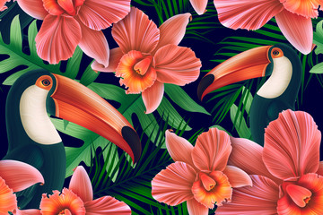 Seamless pattern design with Toucan bird and Tropical leaves.