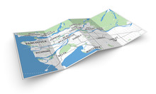 3d Map Of Greater Vancouver And Municipalities, BC, Canada. Perspective View Of A 4-folded Leaflet Or Brochure With Modern Map Of Metro Vancouver. Cities Written In Modern Font. Isolated On White.