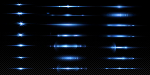 Poster - Blue horizontal lens flares pack. Laser beams, horizontal light rays. Glow transparent vector light effect set, explosion, shine, spark, 