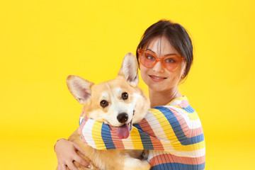 Wall Mural - Woman with cute corgi dog on color background