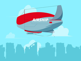 Sticker - Dirigible in sky. Flying airship in clouds concept travel background illustration. Dirigible airship, transportation travel flight aircraft