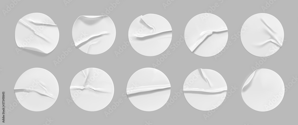 White round crumpled sticker mock up set. Adhesive white paper or plastic sticker label with glued, wrinkled effect on gray background. Blank templates of a label or price tags. 3d realistic vector - obrazy, fototapety, plakaty 