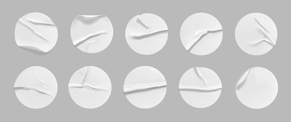 white round crumpled sticker mock up set. adhesive white paper or plastic sticker label with glued, 