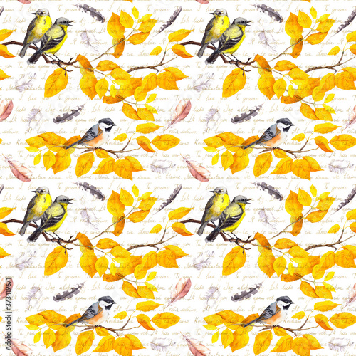 Tela Birds on autumn branch with yellow leavesfea, thers