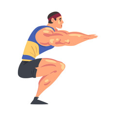 Sticker - Sportive Muscular Man Doing Squats, Physical Workout in Gym or Home, Healthy Lifestyle Cartoon Style Vector Illustration