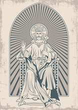 God On Throne, Medieval Engraving Art Style, Jesus Christ And Scepter, Grunge Texture Pattern, Old Paper Style 