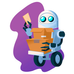 Sticker - Cartoon Color Delivery Robot Character with Box. Vector