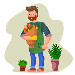 Poster - Cartoon Color Character Person Man in Flower Shop Concept. Vector