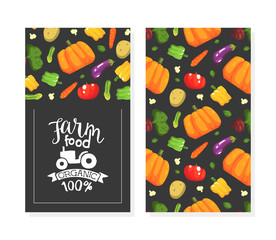 Sticker - Organic Farm Food Card Template, Flyer, Poster, Invitation with Fresh Ripe Organic Vegetables Pattern Vector Illustration