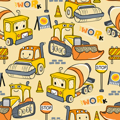 Wall Mural - seamless pattern vector of construction vehicles cartoon with construction signs