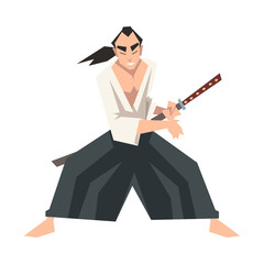 Poster - Brave Japanese Warrior Man with Katana and Hakama Vector Illustration