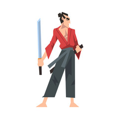 Canvas Print - Japanese Samurai Wearing Red Karate Suit and Holding Katana Vector Illustration