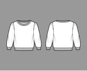 Cropped cotton-terry sweatshirt technical fashion illustration with scoop neckline, puffed shoulders, elbow sleeves. Flat outwear jumper apparel template front back white color. Women, men unisex top