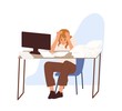 © Good Studio - Concept of missing deadline and bad time management. Scene of tired, fatigue, stressed woman who clutch head sitting at computer table with stacks of paper. Flat vector cartoon illustration