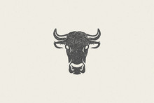 Black Cow Head Silhouette With Horns Designed For Meat Industry Hand Drawn Stamp Effect Vector Illustration.